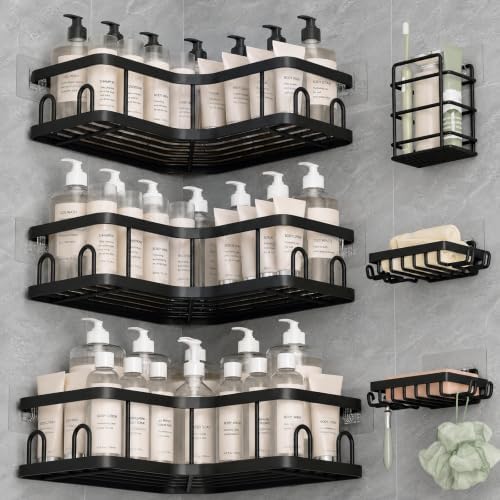 Veken Large Capacity Corner Shower Caddy 6-Pack, Advanced Rustproof Design | No Drilling Adhesive Shelves, High-Load Rack with Soap Dishes & Toothbrush holder, Bathroom Organizers and Storage, Black