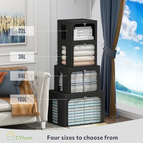 CYhom Extra Large Clothes Storage Bins Box - Linen Fabric Foldable Stackable Container Organizer Set with Clear Window & Carry Handles & Metal Frame (Black, Extra Large-100L)