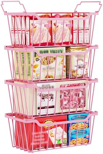 SUNALLY Freezer Organizer Bins, 4 Pack Stackable Pantry Storage Bins, Pink