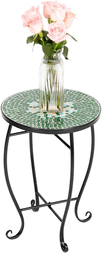Mosaic Patio Table,Outdoor Side Table,14inch Accent Table Plant Stand Decor, Small Vintage Outdoor End Table with Stained Glass Mosaic & Iron Frame for Patio Garden Balcony Poolside (Green Flower)