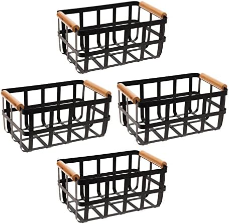 Simplify 4 Pack Rectangular Metal Storage Basket with Bamboo Handles | Large | Farmhouse Style Wire Basket | Home Organizer | Decorative | Rustic | Black
