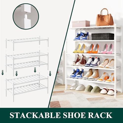 Smiry Bamboo Shoe Rack, 12 Vertical Slats, 4 Tier - 26.8" Wide, White