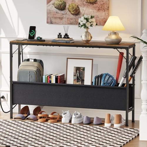 Narrow Console Table, 47.2" Long Entryway Table with Storage Power Outlets | Hallway Table, Mordern Industrial Sofa Tables for Living Room, Bedroom, Foyer, Office, Anti-tip Kit, Rustic Brown