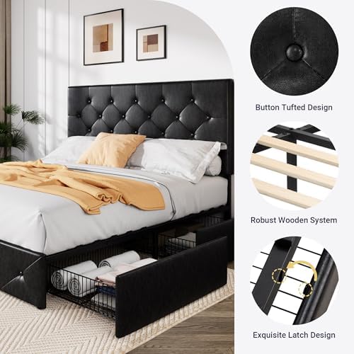 Allewie Full Size Storage Bed Frame with 4 Underbed Drawers, Black