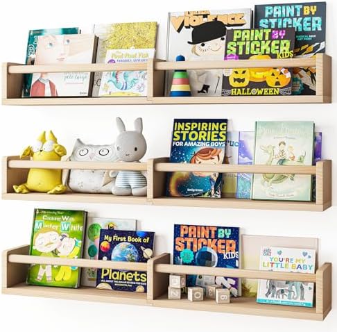 Fixwal Floating Nursery Book Shelves for Wall, 32in, Set of 3, Natural Wood | Solid wood shelves store kids' books, toys and clothing. Fits kids' room, playroom, nursery, living room, bedroom & bathroom.