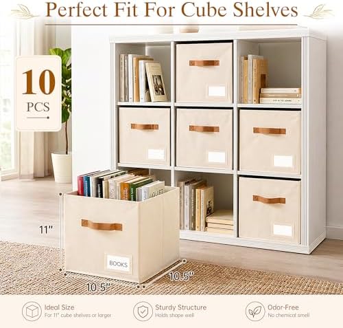 Storage Cubes 10 Pack, 11 Inch Fabric Storage Cubes Organizer Bins with Labels, Odor-Free & Sturdy PP Structure, Cubby Baskets for Closet, Shelves, Toys & Nursery (Beige)