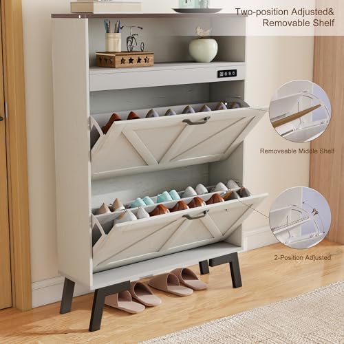 Shoe Cabinet with Deodorizer, Narrow White Entryway Storage, Anti-Tip