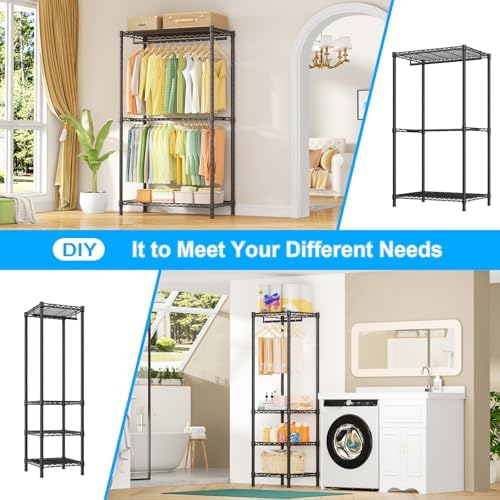 Ulif E10 Clothes Rack（With Stretchable Hanger Rod）Freestanding Clothing Racks for Hanging Clothes，Adjustable Closet Organizer System，Portable Garment Rack 73-97"W x 15" D x 72" H，Max Load 800LBS，Black