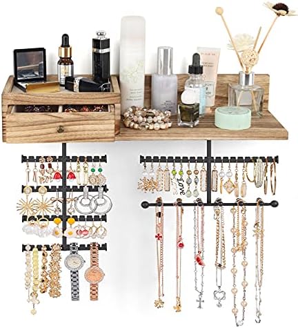 VINAEMO Jewelry Organizer Hanging Wall Mounted Jewelry Holder with Rustic Wood Drawer & Large Capacity Storage Shelf Rack Display for Earrings Rings Necklaces Bracelet