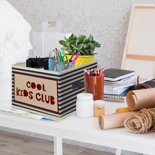 Kids Foldable Storage Bins Box with Handles, Cool Kids Club Blue Striped Collapsible Toys Books Clothes Organizer Basket for Boy Girl Nursery Playroom Room Bedroom Bathroom Playroom