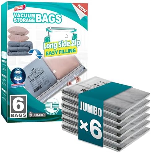 TAILI 6 Pack Vacuum Storage Bags, Jumbo LONG SIDE ZIP(39x28 inch), Clear