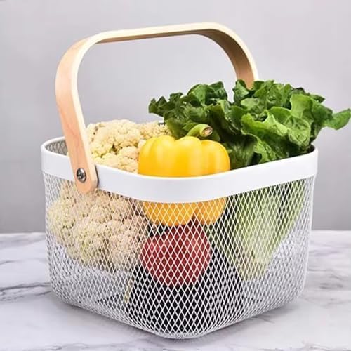 AJIODA Metal Mesh Wire Basket, Large Steel Basket with Wooden Handle Storage Organizer Basket Multi-functional Hanging Kitchen Baskets Fruit Baskets for Kitchen Bathroom Cabinet Pantry Snacks, White