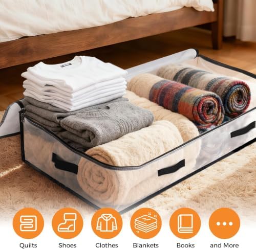 6 Pack Under Bed Storage Bags, 90L Foldable Clear Containers with Handles