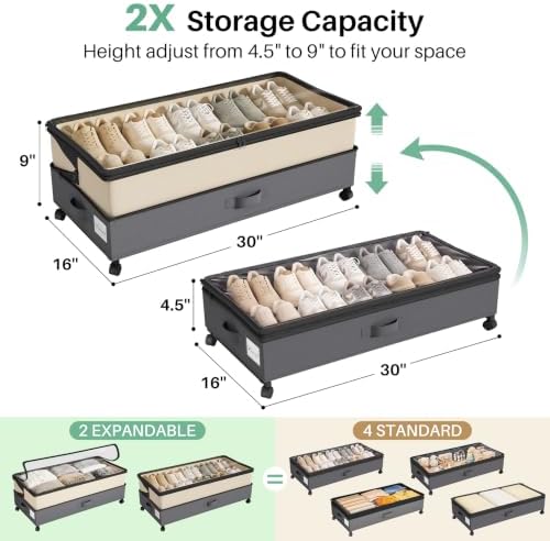Kitstorack 4 Pack Height-adjustable Under Bed Storage with Wheels, Under Bed Storage Containers,Under Bed Shoe Storage Organizer with Clear Window&Label, Suitable for Clothes Storage, Beige & Gray