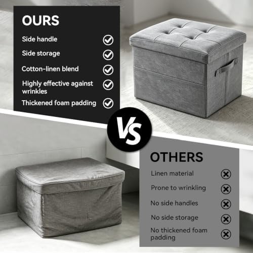 Ottoman with Storage, Folding Square Ottoman with Side Pocket, Foot Stool and Storage Chest for Living Room, Bedroom, Entryway, Dorm. 17x12.6x12.6in, Gray.