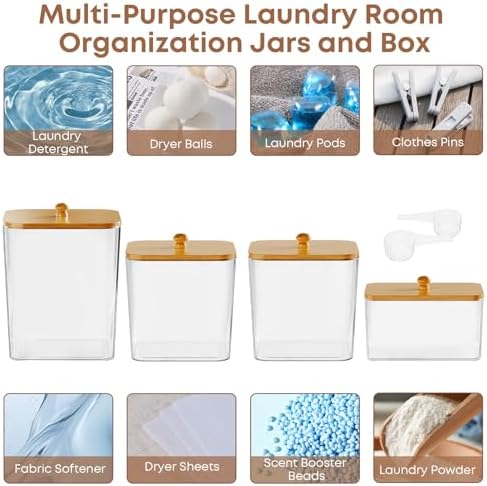 COAZEX 4 Pack Clear Laundry Pods Container & Dryer Sheet Holder,Bamboo Lids | Clear Square Containers Natural Bamboo Lids, 2 Scoops, 16 Labels, For Laundry Pods, Detergent Powder, Dryer Sheets, Farmhouse