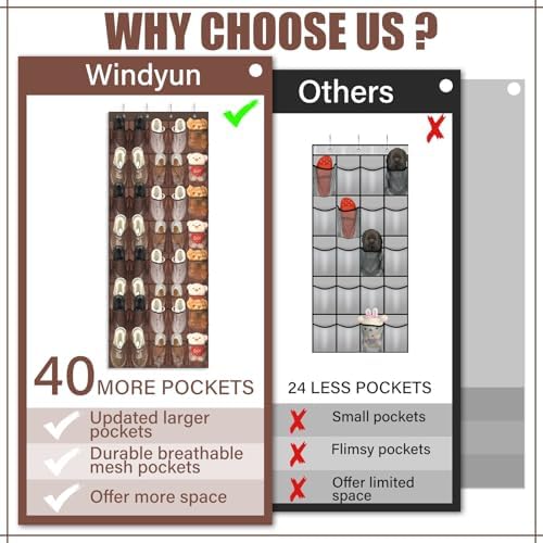 Windyun 1 Pcs 40 Pocket Over the Door Shoe Organizer Hang,Brown