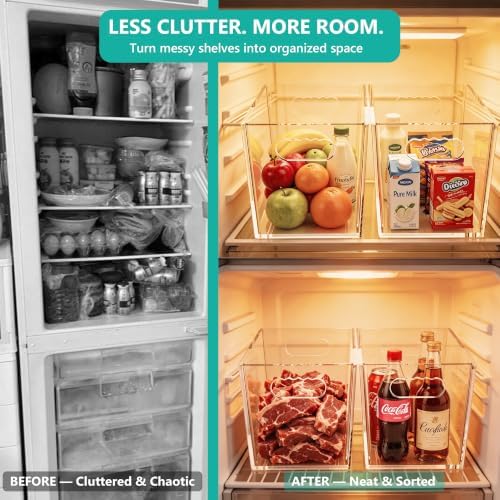 4 Pack Clear Storage Bins, PET Pantry Organizers & No-Tip Storage Containers with Cutout Handles for Fridge Freezer Kitchen Cabinet Closet Countertop, Nestable Open Top Organization Bins Save Space