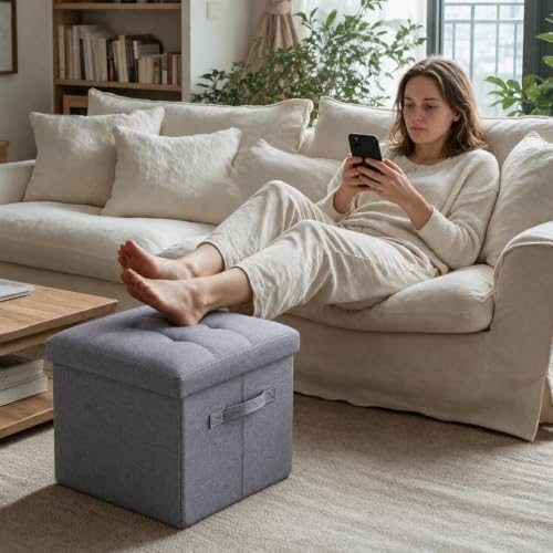 Ottoman with Storage, Folding Square Ottoman with Side Pocket, Foot Stool and Storage Chest for Living Room, Bedroom, Entryway, Dorm. 17x12.6x12.6in, Gray.