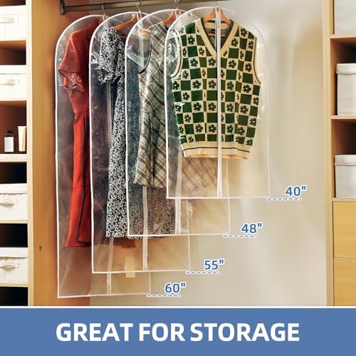 48" All Clear Garment Bags for Hanging Clothes, 12 Packs Suit Bags for Closet Storage, Plastic Waterproof Suit Cover Bags with Zipper for Coats, Jackets, Shirts (Set of 12)