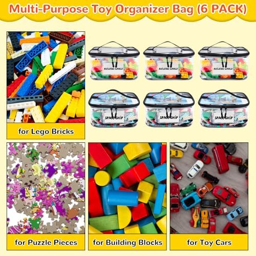 Tesuko 6 Pack Clear Toy Storage Bag with Name Tag& Manual Pocket, Waterproof Transparent PVC Toy Organizer Case for Lego Bricks, Board Games, Building Blocks, Puzzles (Large Capacity, Black)