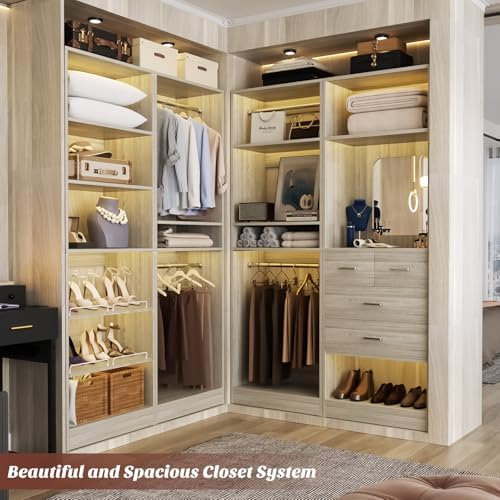 Unikito 50” Closet System with 4 Drawers, 4.2FT Wood Closet Organizer with Hanging Rod and Mirror, Reversible Small Walk in Closets Wardrobe, Adjustable Sturdy Clothes Garment Rack, White Oak