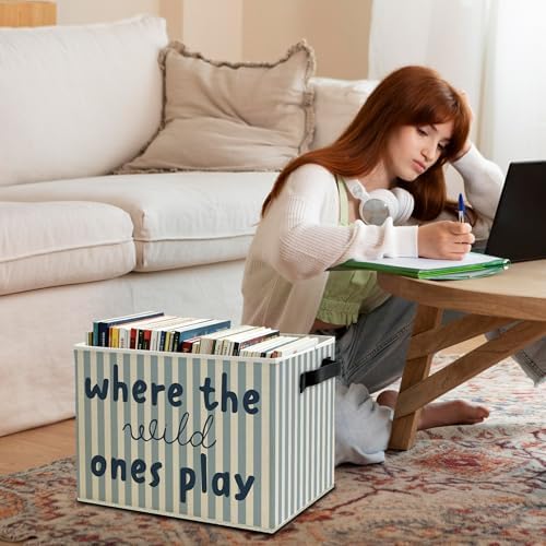 Blue Stripe Boho Classroom Storage Bins Box with Handles, Where the Wild Ones Play Collapsible Basket Organizer for Kids Playroom Nursery Bedroom Bathroom Books Clothes