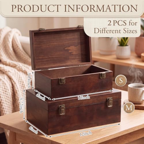 Sliner 2 Pcs Wooden Decorative Storage Boxes with Lids Vintage Wood Organizer Bins for Your Bookshelf Home Decor Safely Store Photos Documents Memory Jewelry Craft Storage (Dark Brown,S M Size)