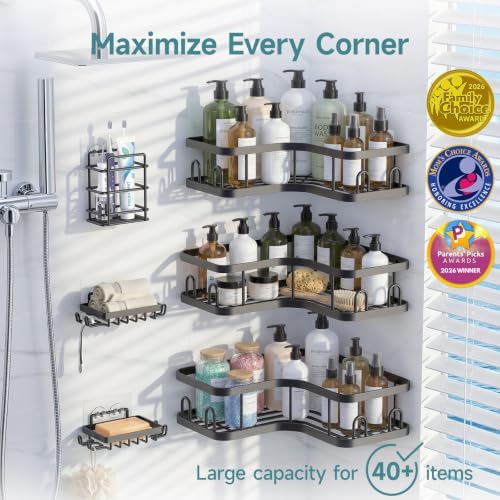 Veken Large Capacity Corner Shower Caddy 6-Pack, Advanced Rustproof Design | No Drilling Adhesive Shelves, High-Load Rack with Soap Dishes & Toothbrush holder, Bathroom Organizers and Storage, Black