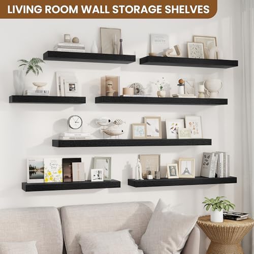 Floating Shelves for Wall, Wall Mounted Wood Shelves, Black, Set of 2, 55in | Wood Floating Shelf with Invisible Brackets for Living Room, Bathroom, Bedroom, Kitchen, Hanging Shelf for Storage and Decor