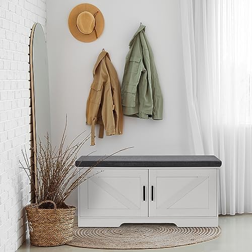 HOMSHO Farmhouse Shoe Storage Bench with 2 Barn Doors & Padded Seat Cushion