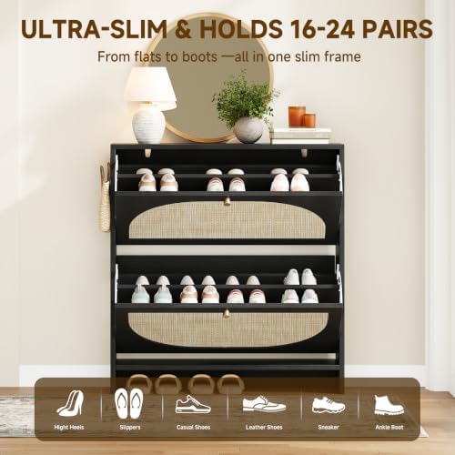 Nicetree Shoe Organizer for Entryway, Slim Shoe Rack with 2 Flip Drawers, Modern Boho Rattan Shoe Cabinet Storage for Entryway, Narrow Shoe Cabinet with Adjustable Shelves for Small Spaces, Black