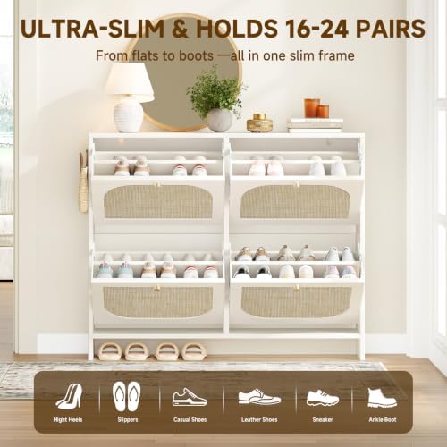Nicetree Freestanding Ultra Slim Arched Rattan Accent Shoe Storage Cabinet for Entryway - 4 Flip Drawers & 3-Tier Adjustable Shelves, Farmhouse Modern Rustic Shoe Rack for Hallway Foyer,Cloud White