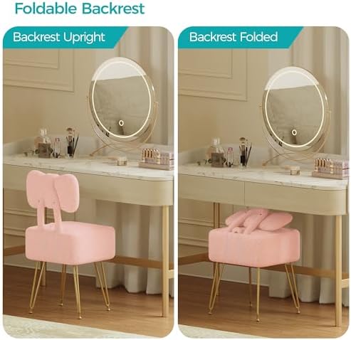 Small Vanity Stool Chair with Storage and Foldable Back, Pink