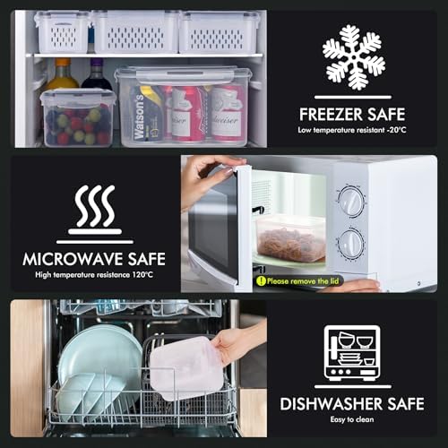 HOTEC 5-Pack Large Fruit Storage Container for Fridge Leak proof with Removable Colander, BPA Free Dishwasher & microwave safe Largest 4.15L