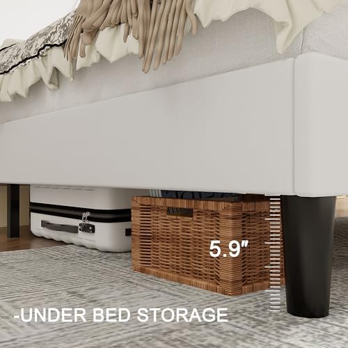 VECELO Full Bed Frame with Upholstered Wingback Headboard, Heavy-Duty Platform Bedframe with Charging Station, Wooden Slats, No Box Spring Needed, White