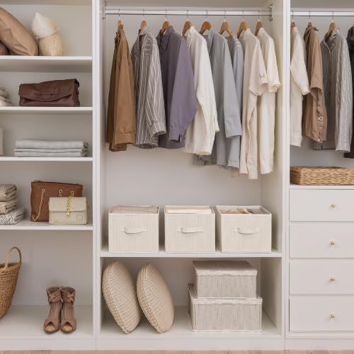 StorageWorks Shelf Organizer Bins, Beige Stripes, 3-Pack, Large | Foldable Shelf Organizer Bins, Closet Storage Baskets for Clothes, Fabric Storage Bins for Shelves