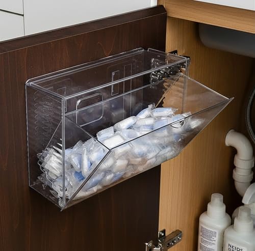 Clear Dishwasher Detergent Pod Holder for Kitchen Cabinet, Plastic Under Sink Storage and Organizer for Lid, Sponge, Coffee Pods, Large Laundry Pods Dispenser Box with Divider