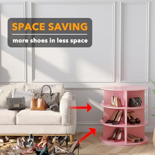 SpaceAid 3 Tier Rotating Shoe Rack Tower, Spinning Shoe Display Lazy Susan, Revolving 360 Shoe Rack Storage Round Carousel, Vertical Handbag Rotate Shoes Closet Organization (3-Tier Pink)