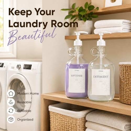 2 Pack Glass Laundry Detergent Dispensers, 128 oz One Gallon Bottles | Large Capacity Glass Bottles with Pumps, Labels, Funnels and Measuring Cups for Laundry Detergent and Fabric Softener.