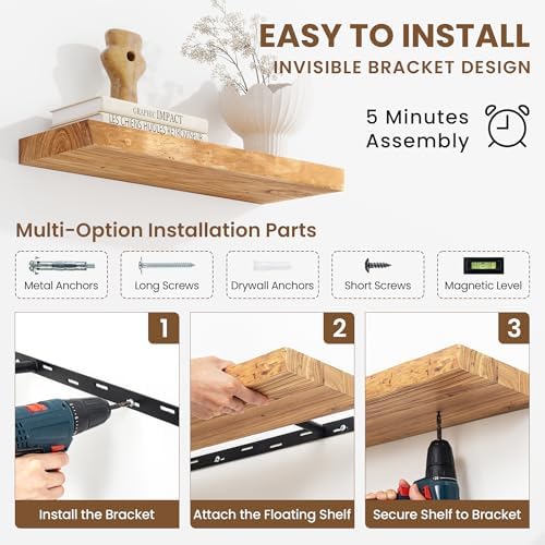 Acovy Extra Deep 36" Long Live Edge Rustic Floating Shelves for Wall, Solid Wood Wall Shelves with Invisible Bracket Mount for Living Room Bathroom Bedroom Kitchen, Set of 2, Natural