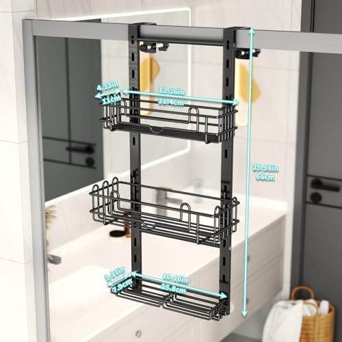 HapiRm 3 Tier Over the Door Shower Caddy, Hanging Shower Caddy with 16 Hooks and 2 Soap Holders, No Drilling Adjustable Hanging Bathroom Organizer - Black