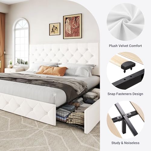 Allewie King Size Storage Bed Frame with 4 Underbed Drawers, Soft White