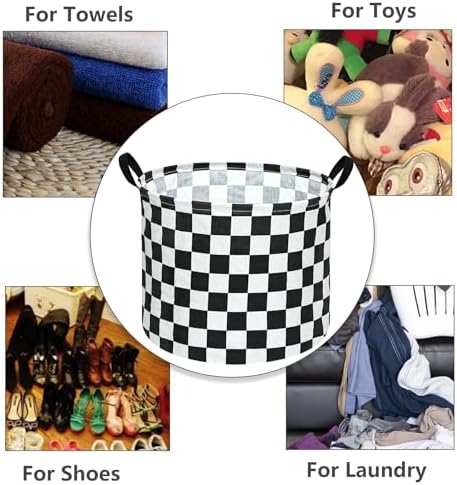 3 Pack Checkered Storage Baskets with Leather Handles, Foldable Fabric Toy Storage Bins with Waterproof Lining, Large Round Laundry Hamper for Kids Room, Nursery, Bedroom, Playroom Organization