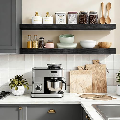 35.8"L Heavy Duty Solid Wood Core Floating Shelves, Black, Set of 2