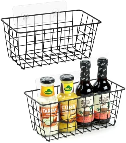 ZUSHALLMY 2 Pack Wire Baskets for Wall, No Drill Adhesive Kitchen Storage | 11 x 4.72 x 4.72 in wall storage baskets with large adhesive strips for kitchens, bathrooms, pantries, RVs or cabinet doors