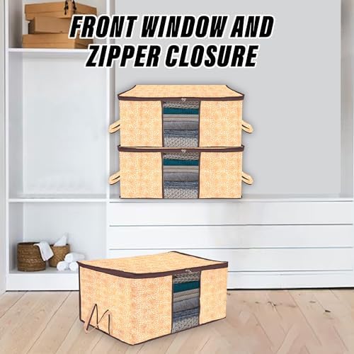 Kuber Industries Underbed Storage Bag | Clothes Storage Organizer | Blanket Cover with Clear Window | Zipper Closure & Handle Cloth Organizer | Flower-Design | Large | Pack of 2 | Brown