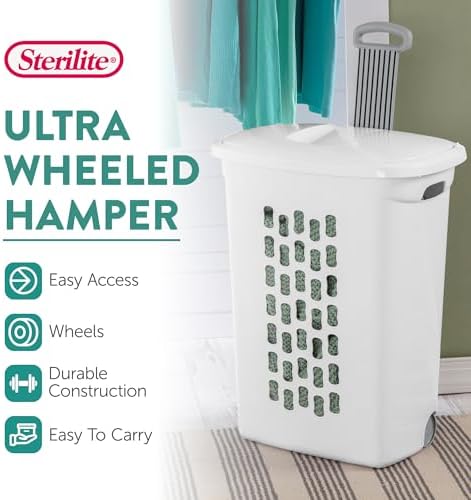 Sterilite Ultra Wheeled Hamper, Laundry Basket w/Flip-Top Lid, 18-Pack | Plastic Rolling Clothes Storage Cart with Retractable Handle & Ventilated Holes for Home, Apartment or Dorm