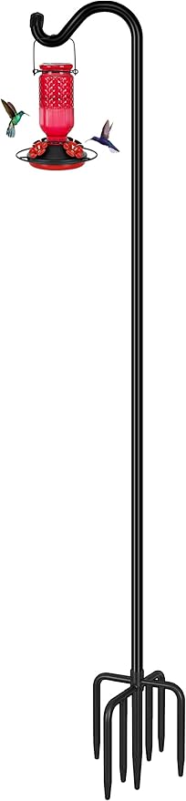 FEED GARDEN Adjustable Shepherd Hook Bird Feeder Pole with 7 Prongs Base, 108 Inch Tall 5/8 Inch Thick, Heavy Duty Outdoor Garden Poles for Hanging Bird Feeders, Plant Baskets, Black (1 Pack)