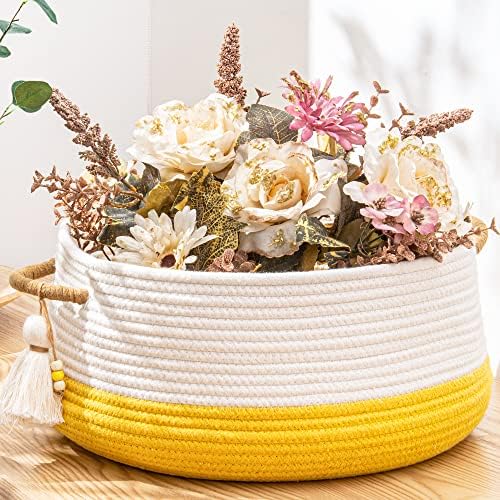 KAKAMAY Woven Baskets for Storage(16"x8"),Blanket Basket for Organizing Living Room,Cotton Rope Basket Woven Baby Laundry Hamper,Collapsible Laundry Room Organization,Clothes,Toy Chest(Yellow)